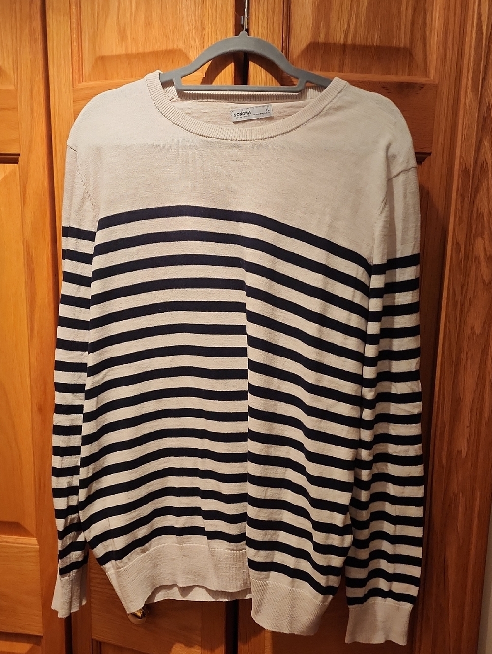 Sonoma Cream & Navy Striped Crewneck Sweater - Men's